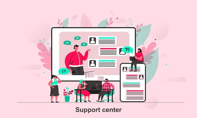 Support center web-konzept design in flachem stil mit winzigen personen zeichen