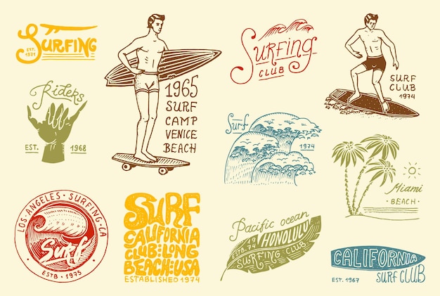 Vektor surfabzeichen und wellenpalme und ozeantropen und kalifornischer mann auf dem surfbrettsommer