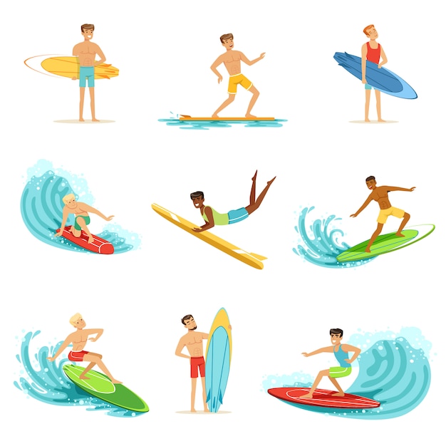 Surfboarder reiten auf wellen gesetzt, surfermänner mit surfbrettern in verschiedenen posen illustrationen auf einem weißen hintergrund