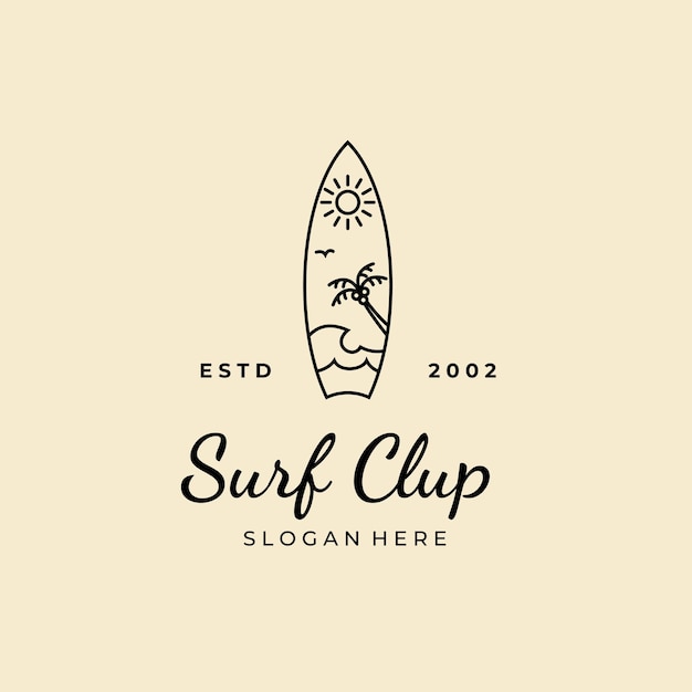 Surfbrett mit Surfclub-Logo-Designvektor-Illustrationsschablone