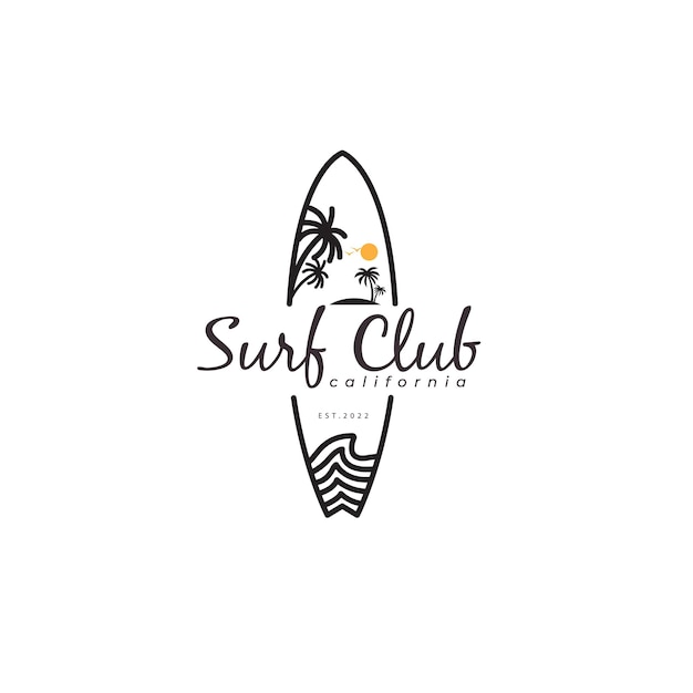 Surfbrett mit surfclub-logo-designvektor-illustrationsschablone