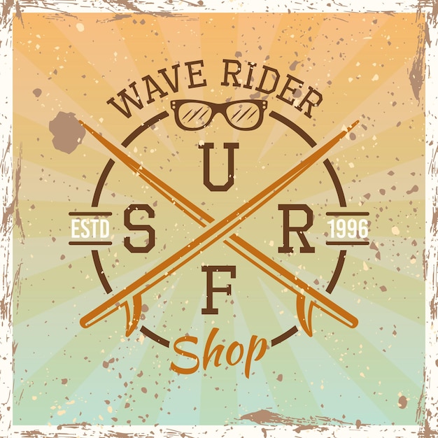 Surfen farbige vintage runde emblem, abzeichen, label oder logo-vektor-illustration auf hellem hintergrund