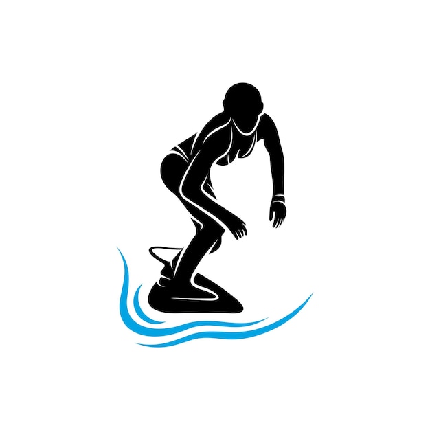 Surfen mit wasserwellen-logo-vektorvorlage illustrationssymbol silhouettendesign