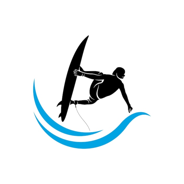 Surfen mit Wasserwellen-Logo-Vektorvorlage Illustrationssymbol Silhouettendesign