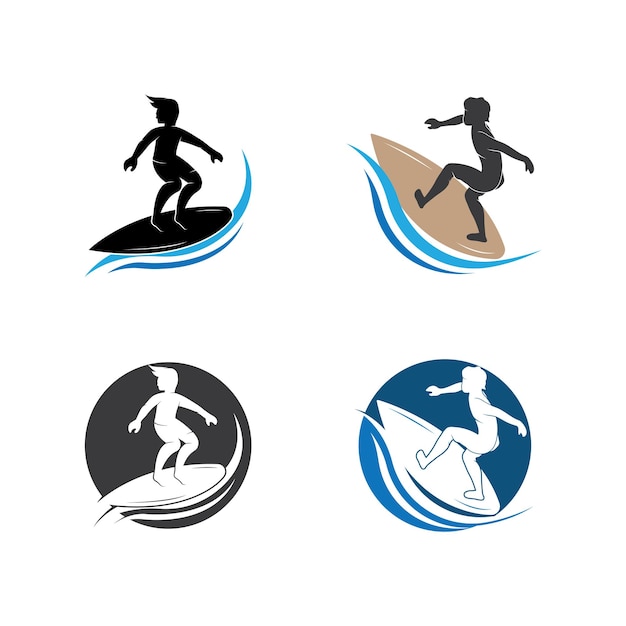 Surfen mit Wasserwellenlogo-Vektorschablone Illustrationssymbol