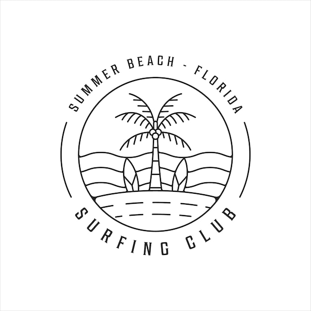 Surfen Strand Logo Strichzeichnungen einfache minimalistische Vektor Illustration Vorlage Icon Design. paradies mit palme oder kokosnussbaum mit abzeichentypografiestil