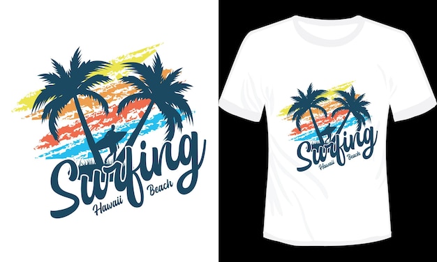 Surfende hawaii-strand-t-shirt-design-vektor-illustration