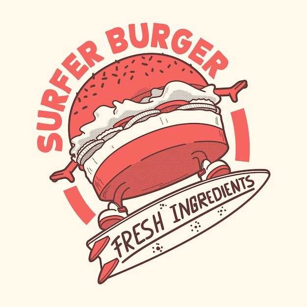 Surfer burger charakter illustration
