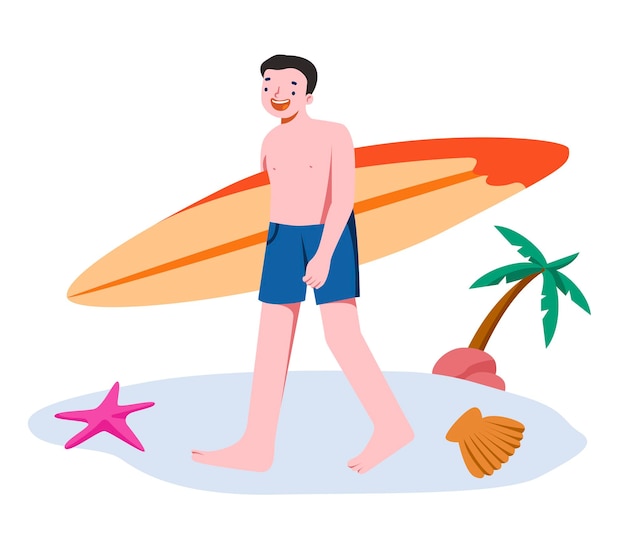 Vektor surfer mit flacher illustration des surfbretts
