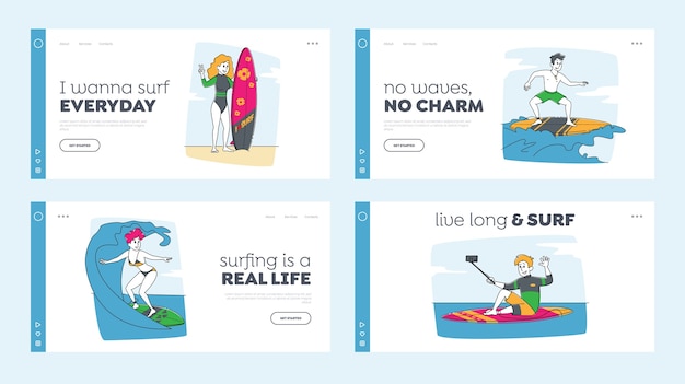 Surfer sport aktivität landing page template set. surfing people charaktere reiten surfbretter von ocean waves, make selfie. sportwettkampf, sommer-freizeit, lifestyle. linear