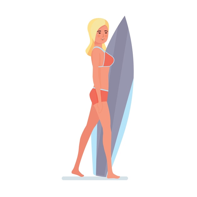 Surfer steht seitlich und hält ein brett zum schwimmen in seinen händen