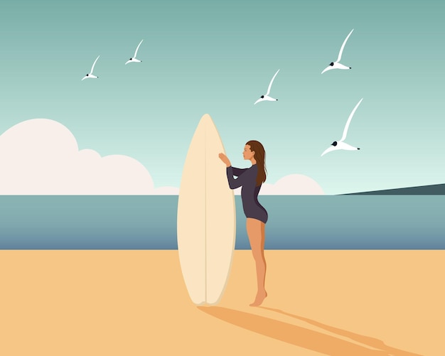 Vektor surferin am meer mit einem surfbrett am meer sport und erholung illustration