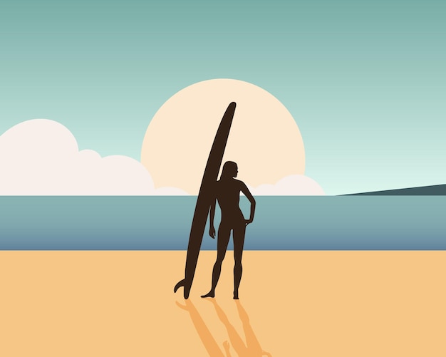 Vektor surferin am meer mit einem surfbrett am meer sport und erholung illustration