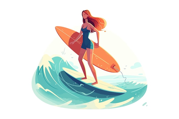 Surferin steht an bord isoliert auf hintergrund cartoon-vektor-illustration