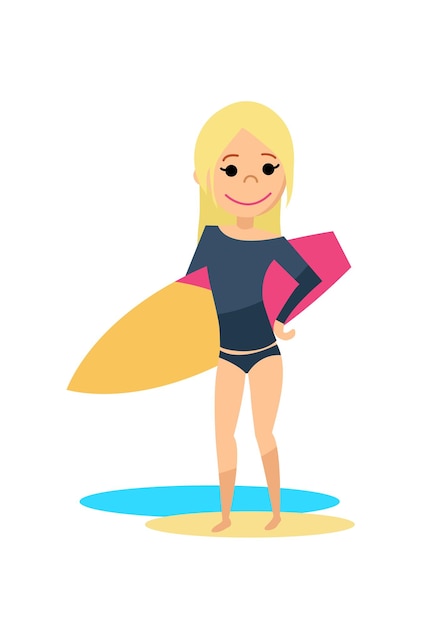 Vektor surfermädchen mit surfbrett. flacher stil. vektor-illustration.