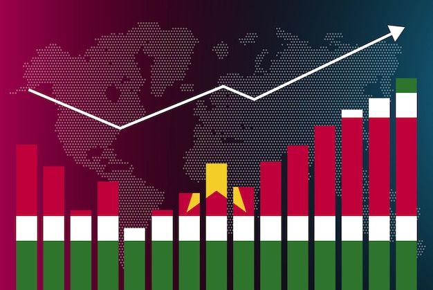 Suriname-Balkendiagramm mit Höhen und Tiefen, steigende Werte, Suriname-Landesflagge auf Balkendiagramm