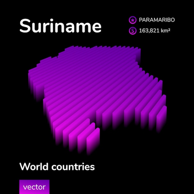 Suriname d-Karte stilisierte Neon digital isometrische gestreifte Vektorkarte von Suriname ist in violetten Farben an