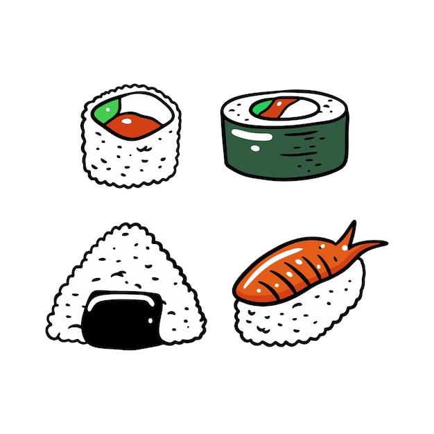 Sushi asiatisches essensset. bunte wohnung. auf weißem hintergrund isoliert. design für poster, banner, print und web.