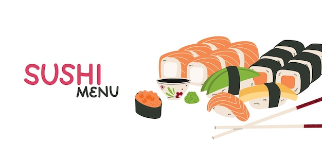 Sushi-Banner japanischer Lebensmittelrahmen Reis und Lachs Fisch Meeresfrüchte Restaurantmenü Verschiedene Maki Nigiri und Sashimi Temaki und Gunkan Asiatische Küche Vektor Cartoon flache isolierte Illustration