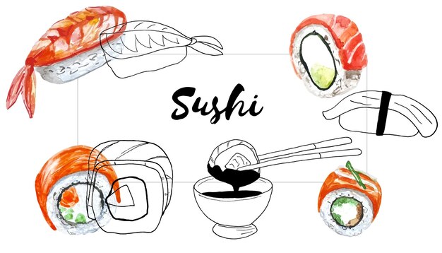 Sushi-design für cover, menü, logo, design-doodle und aquarell asiatisches essen