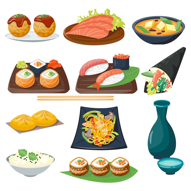 Sushi japanische Küche traditionelles Essen flach gesunde Gourmet-Ikonen und orientalisches Restaurant Reis Asien Mahlzeit Platte Kulturrolle.