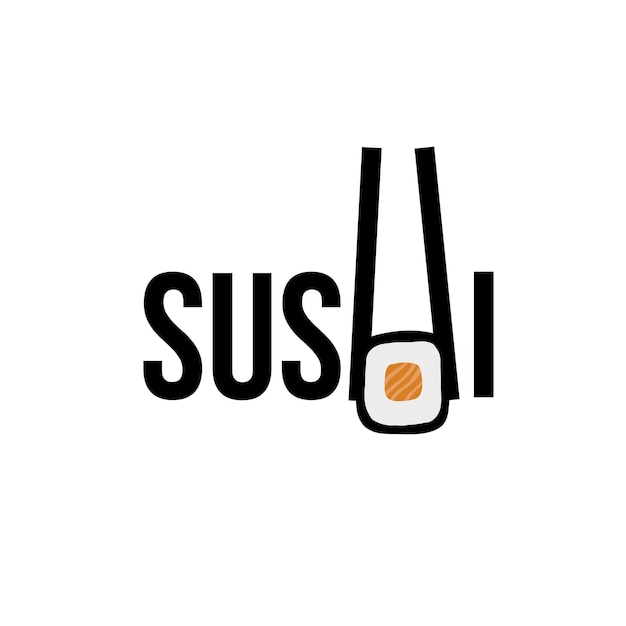 Vektor sushi-logo-illustration mit text und sushi-rolle mit stilisiertem symbol für essstäbchen