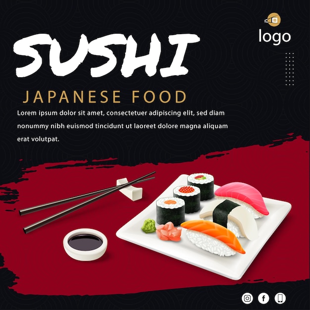 Sushi Meeresfrüchte Gericht frisches und gesundes Sushi-Restaurant Social-Media-Post-Vorlage japanisches asiatisches Essen