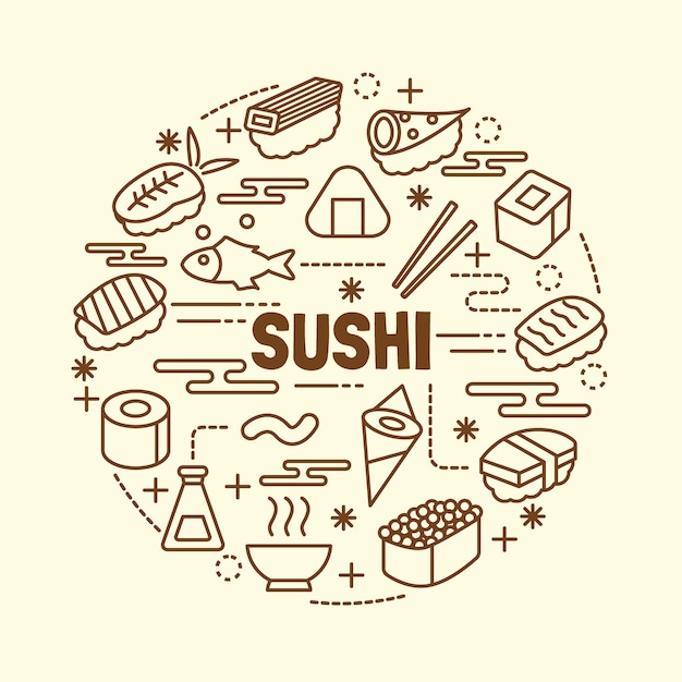 Sushi minimale dünne linie icons set