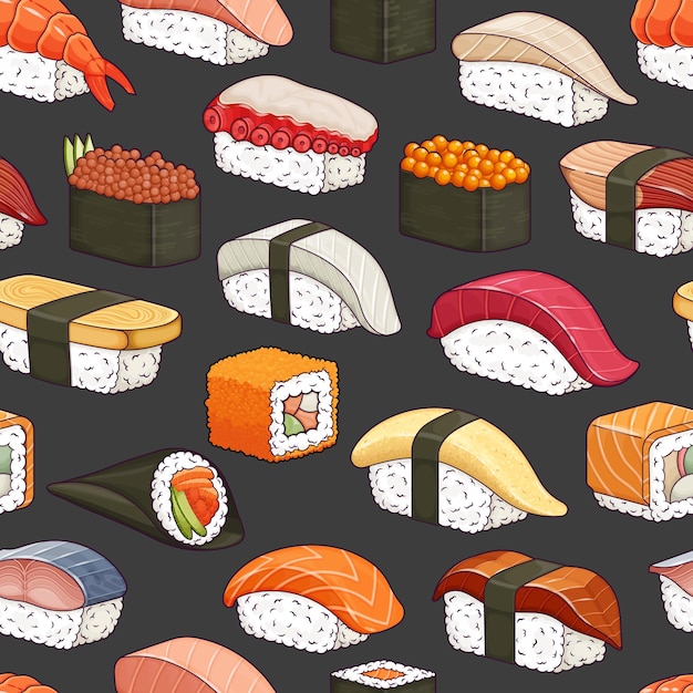 Sushi nahtloses Muster Traditionelle japanische Lebensmittel-Hintergrund-Vektor-Illustration