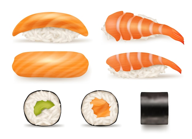 Sushi realistisch. verschiedene japanische speisen aus fisch-sushi-algenrollen köstliche produkte aus der asiatischen cousine anständige vektorillustrationssammlung. japanisches sushi-essen, fischlachs mit frischem reis