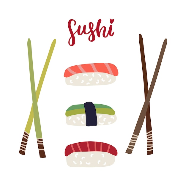 Sushi-Rollenset mit Meeresfrüchten und Chopstics Niedliche handgezeichnete Vektorillustration. Asiatisches Essen, asiatisches Essen