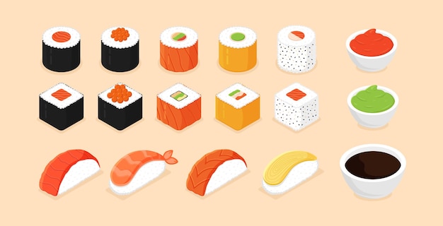 Sushi-set isometrische sushi-symbole auf weißem hintergrund