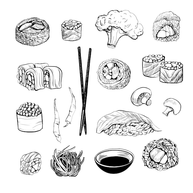Sushi-set. skizze und aquarell