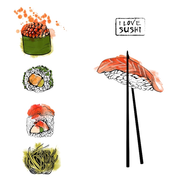 Sushi-set. skizze und aquarell