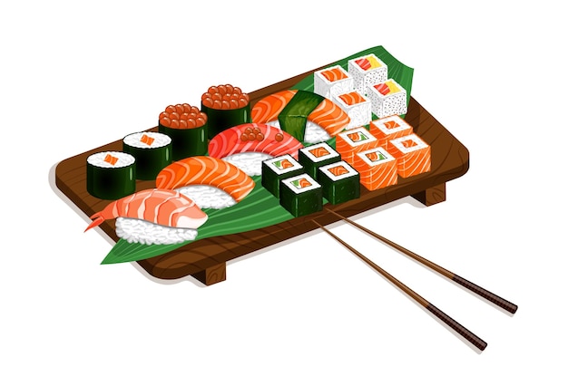 Sushi-Set und Rolle auf einem Holztablett und einem grünen Blatt Nigiri Gunkan Maki Uramaki Futomaki Hosomaki