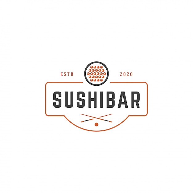 Sushi-shoplogoschablonenlachsrollenschattenbild mit retro- typografievektorillustration