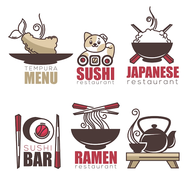 Sushi, tempura, ramen, tee, gekritzel-cartoon-logo-vorlage für ihr japanisches restaurant