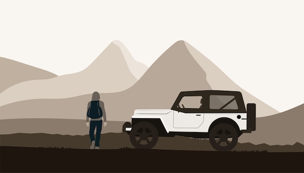 SUV-Auto und ein Mann mit einem Rucksack an Berglandschaft.