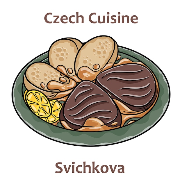 Svickova Es ist Lendensteak, zubereitet mit Sauce aus geröstetem Wurzelgemüse und Sahne, gewürzt mit schwarzem Pfeffer, Lorbeerblatt und Thymian, tschechisches Essen, Vektorbild isoliert