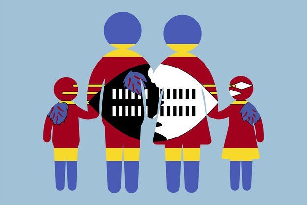Vektor swasiland-flagge mit familienkonzept eltern und kindern händchen haltend einwandereridee flaches design asset