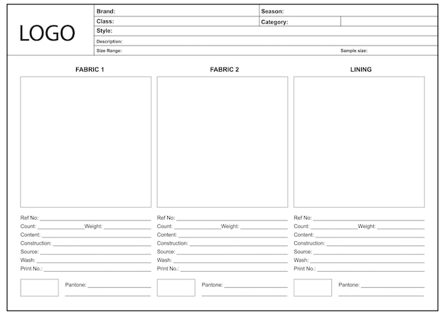 Vektor swatch-karten-layout-vorlage garment techpack