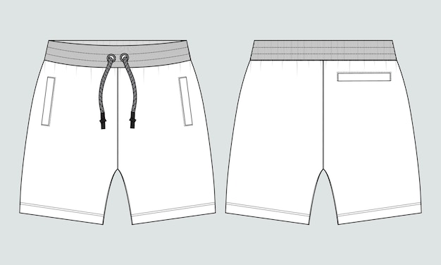 Sweat shorts hose technische zeichnung mode flache skizze vektor illustration vorlage vorne und hinten