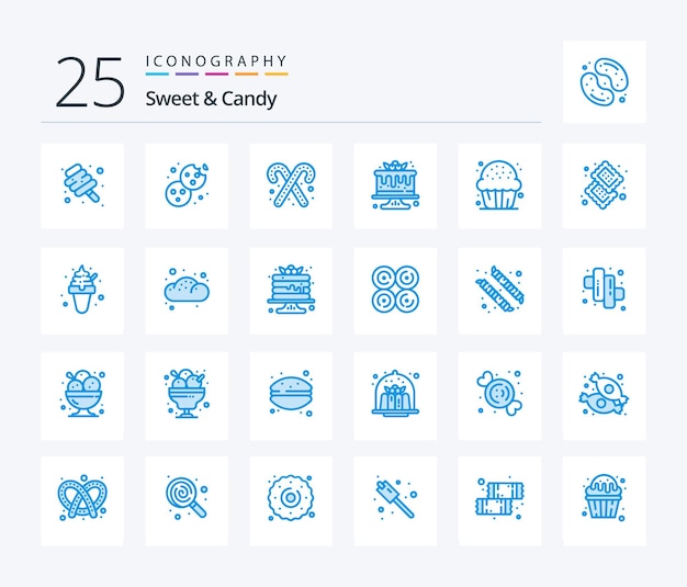 Sweet And Candy 25 Blue Color Icon Pack, einschließlich Keksbonbons, Zuckerrohrkuchen