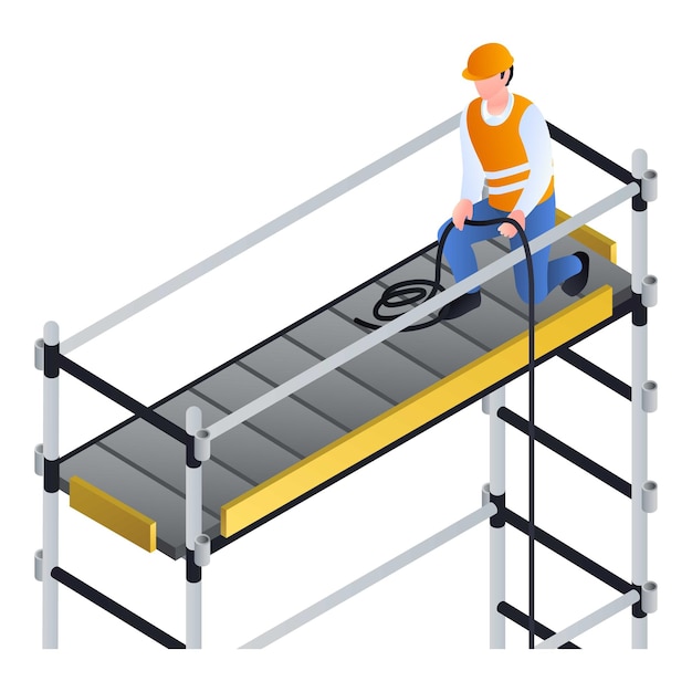 Symbol „Arbeiter auf Gerüst“ Isometrische Darstellung des Vektorsymbols „Arbeiter auf Gerüst“ für Webdesign, isoliert auf weißem Hintergrund