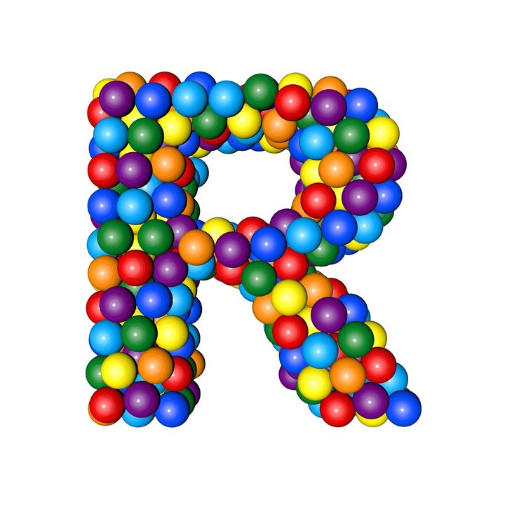 Vektor symbol aus kugeln in regenbogenfarben buchstabe r