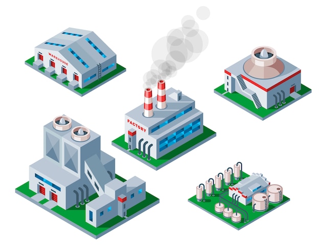 Symbol des industriellen Elements des isometrischen Fabrikgebäudeikons.