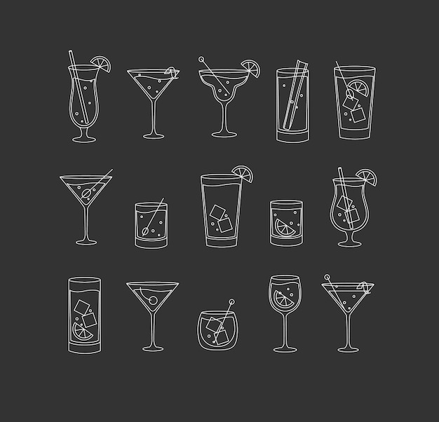 Symbol für alkoholische Getränke und Cocktails im flachen Linienstil auf dunklem Hintergrund