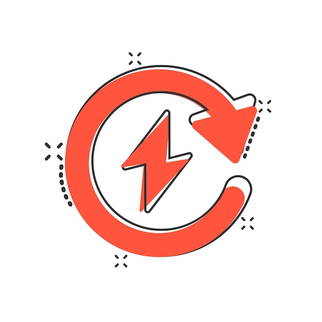 Vektor symbol für das aufladen von energie im comic-stil spannungs- und pfeil-cartoon-vektor-illustration auf weißem, isoliertem hintergrund geschäftskonzept für das zeichen des elektrischen spritzeffekts