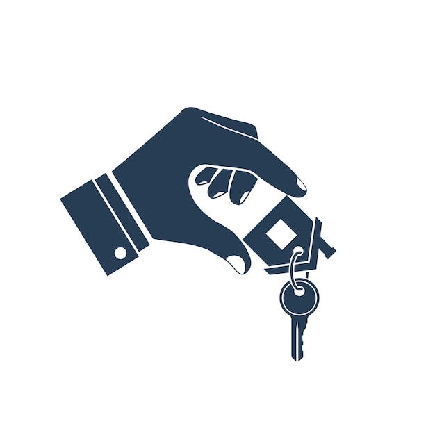 Symbol für den hausschlüssel in der hand immobilienmakler hält den schlüssel von zu hause aus konzept des verkaufs von mietvorlagen vektor-illustration flaches design silhouette-piktogramm