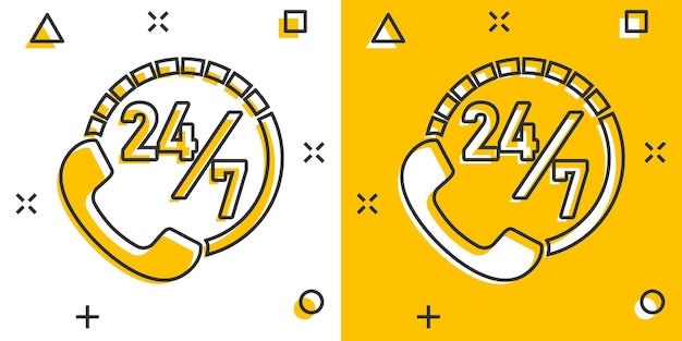 Symbol für den telefondienst 247 im comic-stil telefongespräch cartoon-vektor-illustration auf weißem isoliertem hintergrund hotline-kontakt-splash-effekt-geschäftskonzept